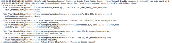 Пример ошибок Modbus